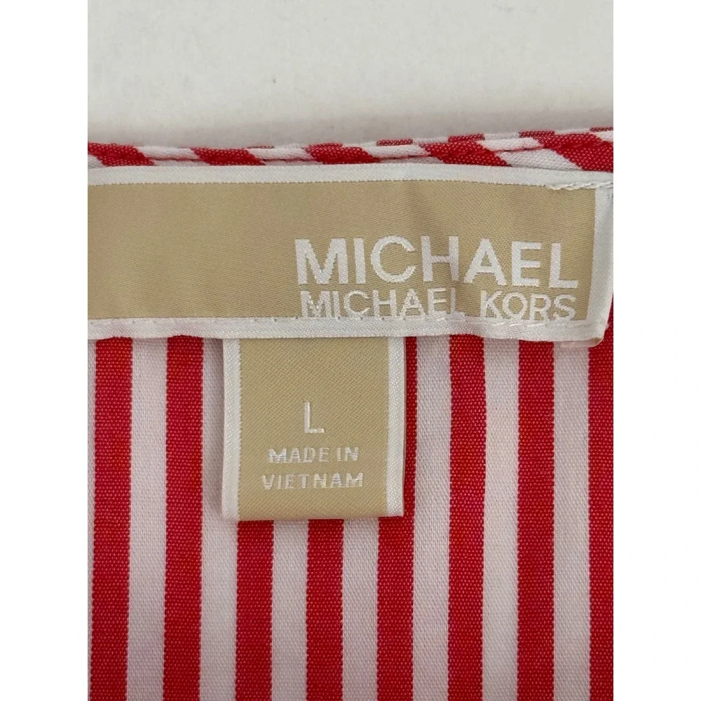 Michael Kors Red White Striped Grommet Tie‎ Front Bell Sleeve Blouse Womens Sz L